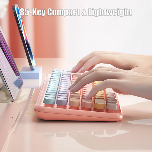 Typewriter Keyboard Wireless, 2.4GHz/Bluetooth/USB-C Rechargeable, Compact 85-Key Retro Round Keycaps, Sweet Pink