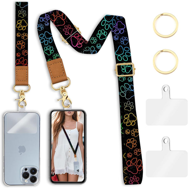 Phone Lanyard Crossbody Wrist Strap, Cute Cat Dog Paw Cell Phone Lanyards for Neck, Adjustable Phone Strap - Black