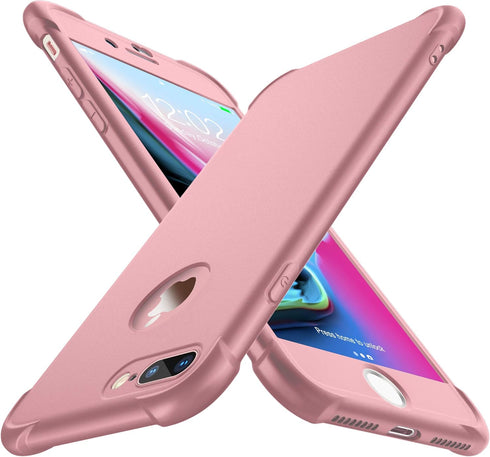 ORETECH iPhone 8 Plus/7 Plus Case, 360° Full Body Hard PC Silicone with 2 Pack 9H Tempered Glass Protector, Rosegold
