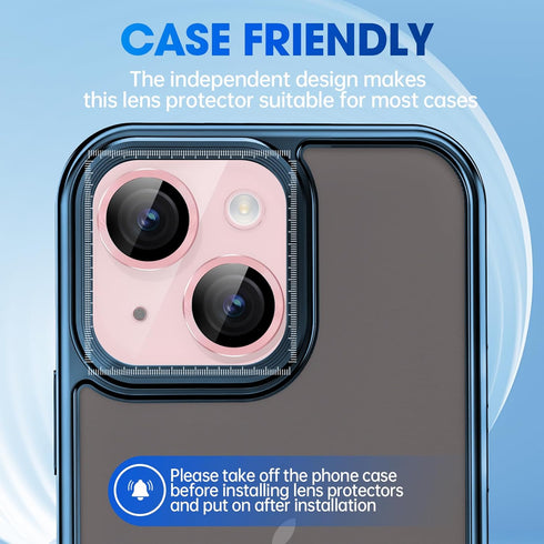 Xfilm 9H Hardness Camera Lens Protector for iPhone 15/15 Plus, Stylish Pink Metal Ring, Scratchproof & Case Friendly.