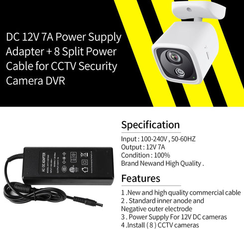 12V 7A CCTV Surveillance Video Power Supply Adapter + 1 to 8 Power Splitter & 110~240V AC 2.1mm Plug for Security Camera