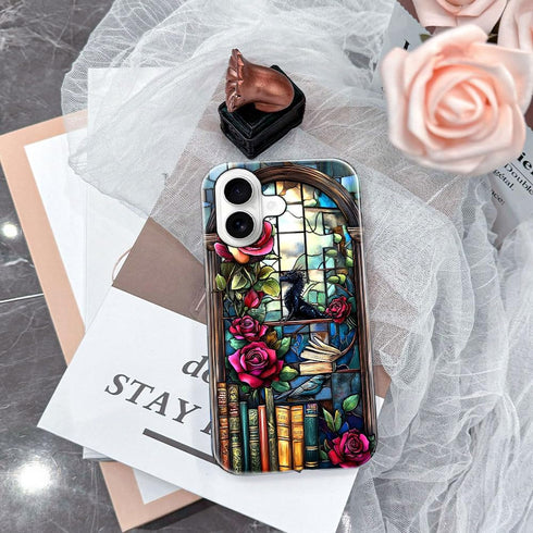 DAIZAG 17,Glossy Case Compatible with iPhone Durable Shock Protection Cover for Girl Women,Dinosaur Rose Bookshelf