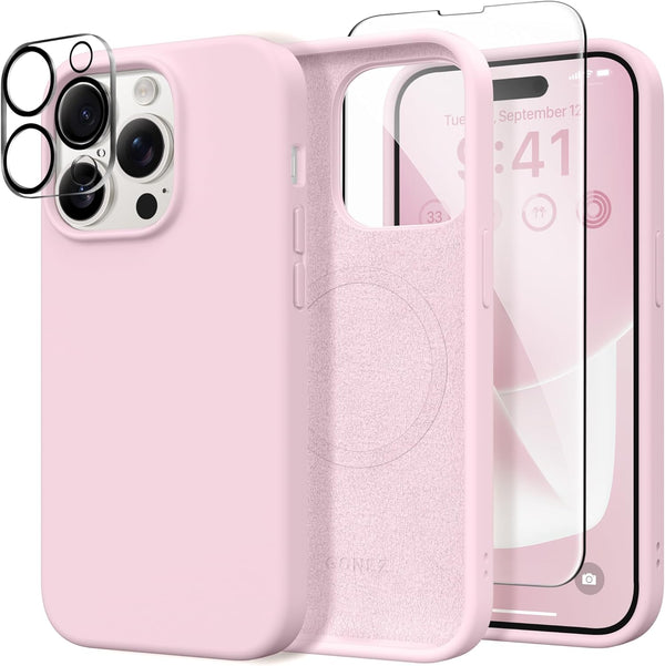 GONEZ iPhone 14 Pro Case Compatible with Magsafe, Includes 2X Screen Protector & 2X Camera Lens Protector, Hot Pink