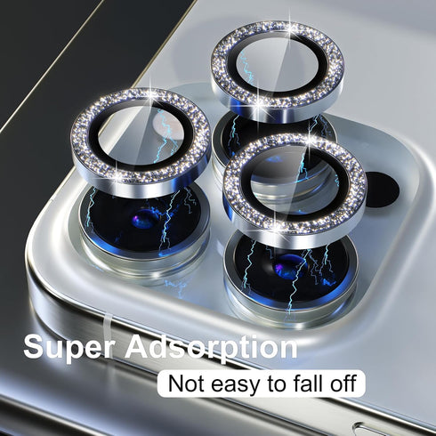 iPhone 15 Pro/Pro Max Camera Lens Protector Bling - 9H Tempered Glass, Metal Ring, Silver Glitter Decoration Accessory.