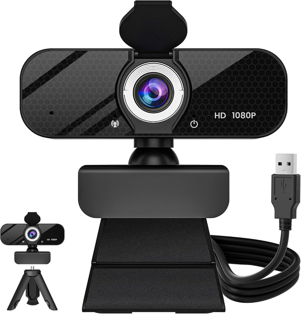 GOZVRPU 1080P HD Webcam with Built-in Microphone, Rotatable Tripod, Wide-Angle Lens,Privacy Cover, Auto