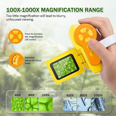 Kids Microscope, 1000X Pocket Handheld with 6 Adjustable LED Lights, 2'' LCD Screen, USB to PC, Yellow