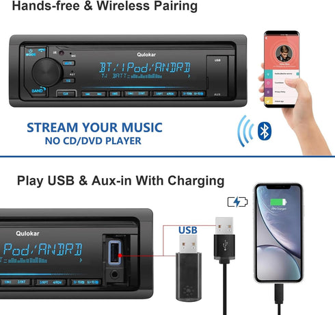 Single DIN Multimedia Car Stereo Radio,7 Character LCD,Bluetooth with Hands Free Calling & Music Streaming,USB Playback & AUX Input,AM/FM Radio Receiver Wireless Remote Control Q5302