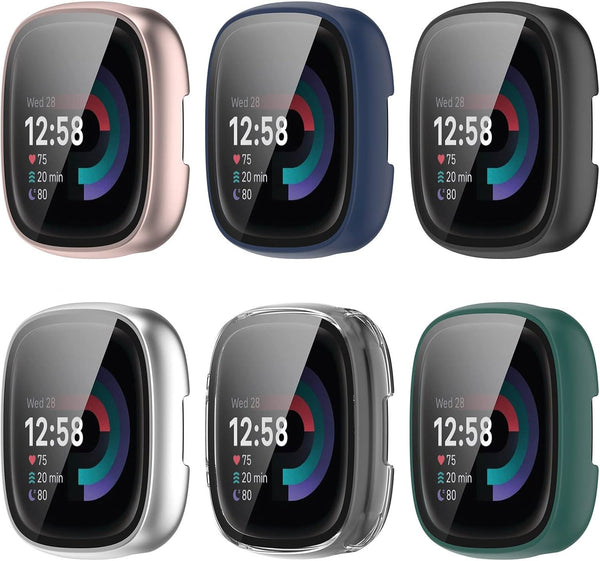 FitTurn 6 Pack Screen Protector Case for Fitbit Versa 4/Sense 2 with HD Tempered Glass Cover for Full Coverage