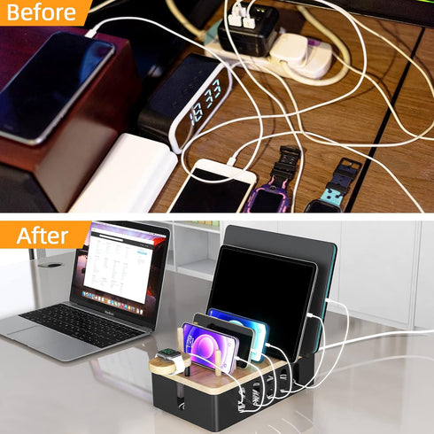 Metal Charging Station for Multiple Devices, New Upgrade Wood Charging Station for Phone, Tablet, Smart Watch Holder,