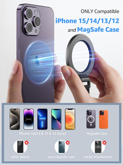SUPERONE MagSafe Phone Grip with Finger Strap, Removable Magnetic Ring Holder with Kickstand for iPhone 15/14/13/12