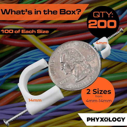 PHYXOLOGY SUPPLY Pro-Grade Cable Clips with Steel Nails, 4mm & 14mm Wire Holders, 100 Per Size