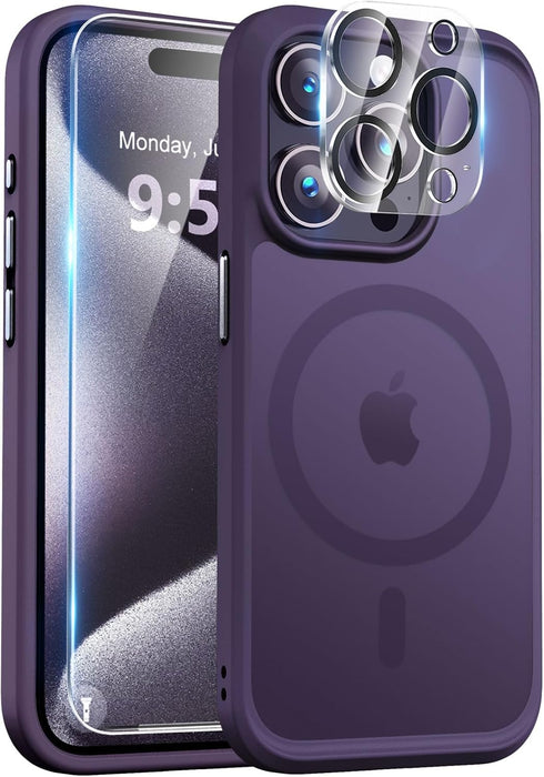 BossKiss Ultra Strong Magnetic iPhone 15 Pro Case, Slim Translucent Matte, Deep Purple, with Glass Screen & Camera
