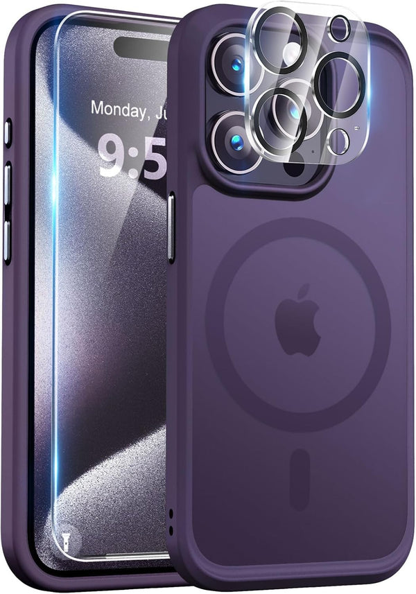 BossKiss Ultra Strong Magnetic iPhone 15 Pro Case, Slim Translucent Matte, Deep Purple, with Glass Screen & Camera