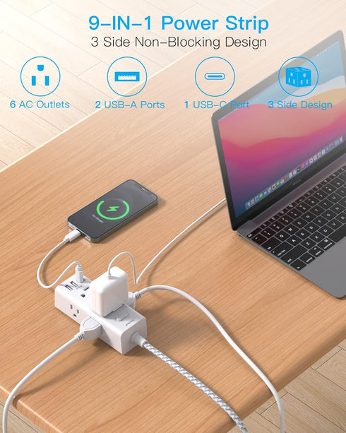 Power Strip Surge Protector, 6 Widely Outlets with 3 USB Ports (1 USB C), 5 Ft Extension Cord Flat Plug for Home Office
