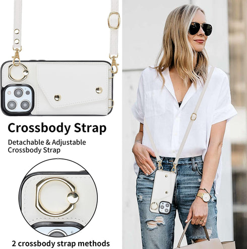 LUVI iPhone 15 Pro Wallet Case with Card Holder, Crossbody Neck Strap, Lanyard, Wrist Strap, White PU Leather Flip