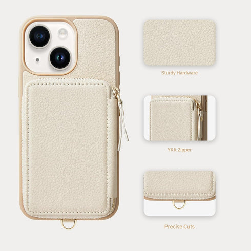ZVE Wallet Case for iPhone 13 - Credit Card Holder, Zipper RFID Blocking Leather Case with Wrist Strap - Beige