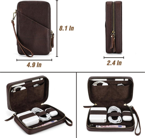Electronic Organizer Case Tech Kit, Handmade Leather, Portable Travel Storage for Phone, USB Cables, Chargers