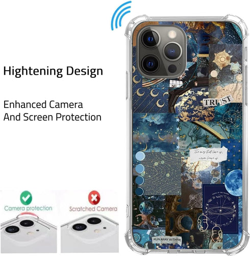 Aesthetic Celestial Sun and Moon Collage Case for iPhone 14 Pro Max, Dark Blue TPU Bumper Cover for Girls Boys