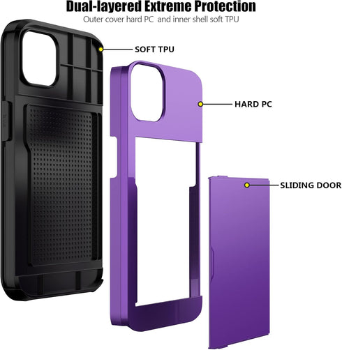 Nvollnoe Purple iPhone 13 Case, Heavy Duty Protective Dual Layer Shockproof Hidden Card Slot Slim Wallet Case