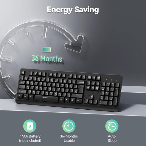 TECKNET 2.4G 11/10/8/7 Wireless Keyboard, Silent Full-Size USB Keyboard with Number Pad, Ergonomic Keys & Adjustable