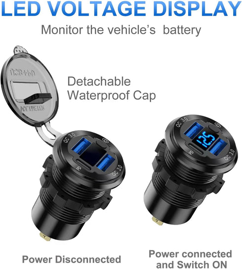 12V USB Outlet Wire Aluminum Car Charger Multi Port, Dual USB Quick Charge 3.0 Port and PD USB C Socket