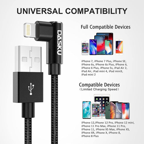 90 Degree Right Angle iPhone Charging Cable 10ft 2-Pack, Nylon Braided Lightning Charger for iPhone 14, 13, 12, 11, Pro