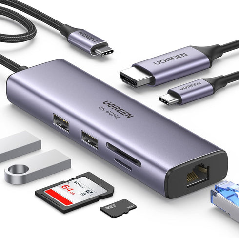 UGREEN Revodok 7 in 1 USB C Hub - Gigabit Ethernet Adapter with 4K@60Hz HDMI, 100W PD Charging, USB A Data Ports, SD/TF