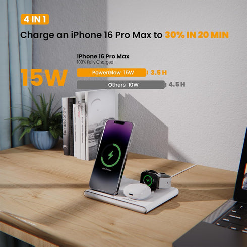 Jabees 4-in-1 15W Bedside Charging Dock: Wireless Charger + Night Light for iPhone, Samsung, Apple Watch & AirPods