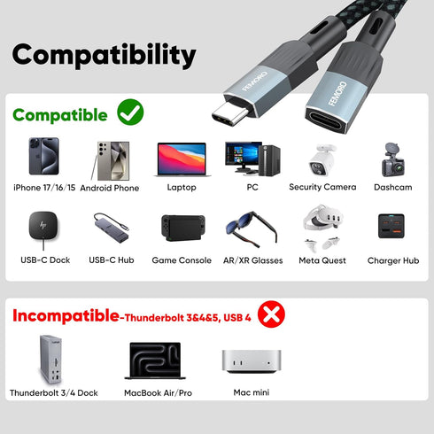 10Ft 10Gbps Transfer/100W Charging/4K@60Hz 3.2 USB C Extension Cable Long, Data USBC Male to USB-C Female Cable