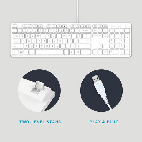 Wired USB Keyboard, Comfortable Quiet Chocolate Keys, Durable Ultra-Slim QWERTY Layout for PC, Windows 11/10/8/7 - White