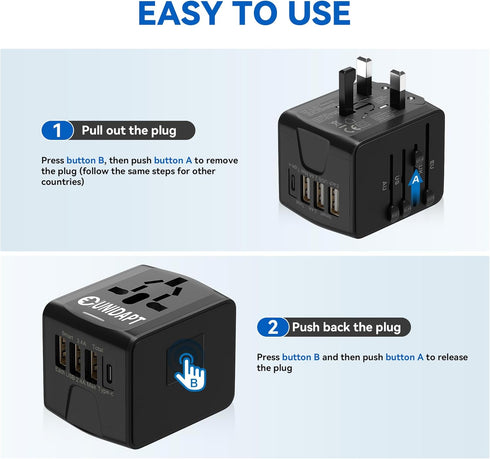 Unidapt International Travel Adapter - Universal Power Adapter Worldwide with 3 USB-A, 1 Type-C for Travel