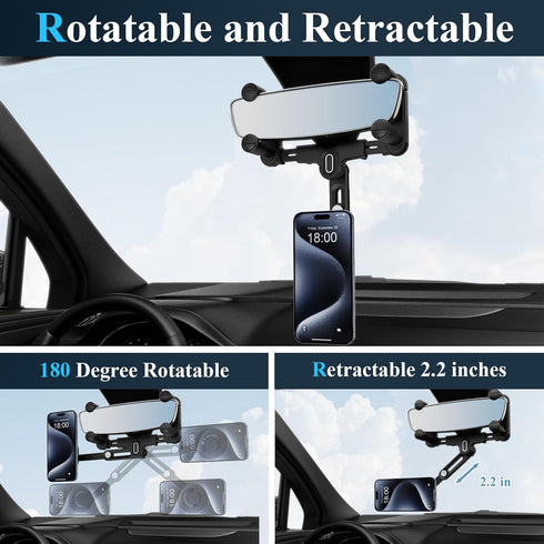 Magsafe Car Mount, Rotatable and Retractable Rear View Mirror Phone Holder for iPhone 15/14/13/12 Series and All Phones