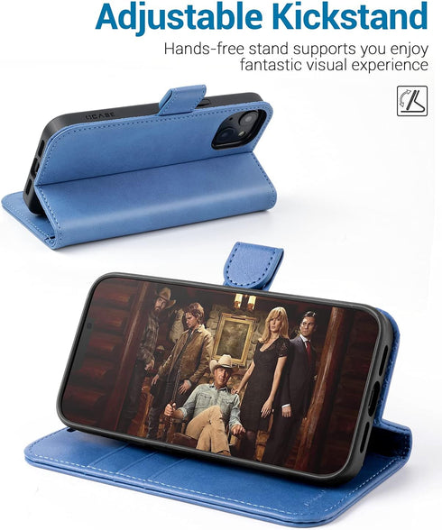 OCASE iPhone 13 Wallet Case - Light Blue PU Leather Flip Folio, RFID Blocking, Card Holders, Shockproof TPU, 6.1" 2021.