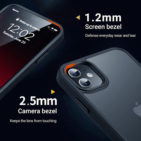iPhone 11 Case, Shockproof Military Grade Protection, Slim Translucent Hard Back, Frosted Black, 6.1'' - Durable &
