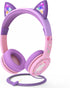 FosPower Kids Headphones with LED Light Up Cat Ears, 3.5mm On Ear Audio Headphones, Baby Pink/Lavender