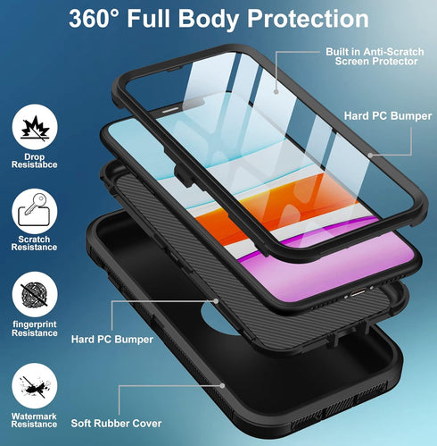 for iPhone 11 Case, Built-in Screen Protector Heavy Duty Drop Protection, Full Body Rugged Shockproof Cover - Black