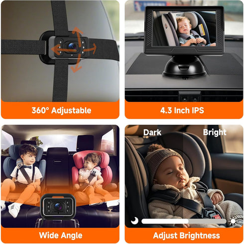 VECHTEL 4.3 Inch 360 Baby Car Camera HD Rear-Facing Car Camera for Baby with Monitor, IR Night Vision, Wide Angle, Easy