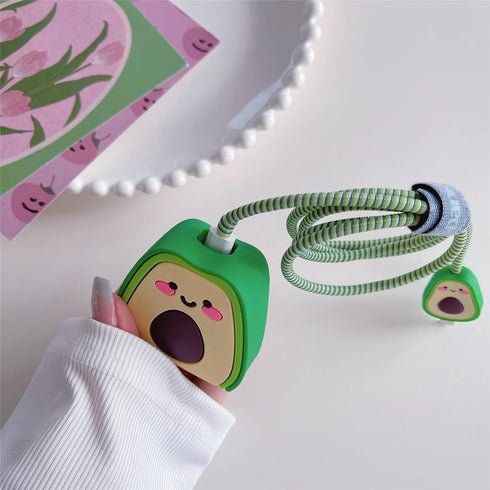 3D Cute Cartoon Charger Protector Case for Apple 20W USB-C Power Adapter and Lightning Cable (Green Avocado)