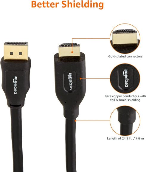 1920x1200, 1080p, 25 Amazon Basics DisplayPort to HDMI Cable, Video and Audio, Uni-Directional, Gold-Plated Plugs
