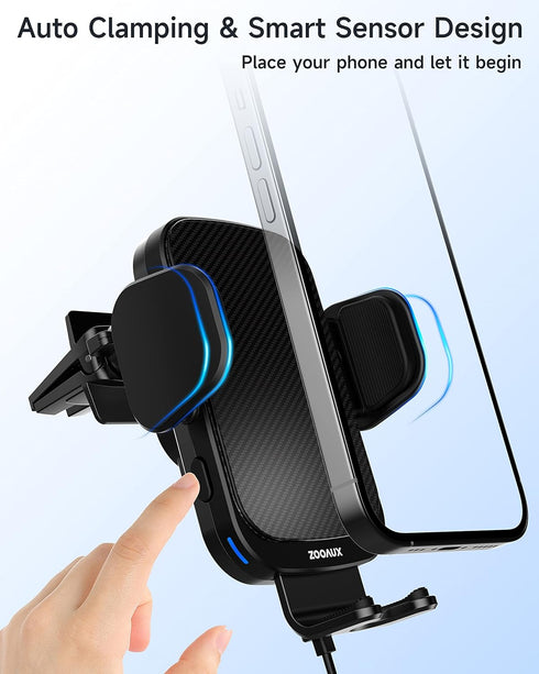 ZOOAUX Wireless Car Charger Vent Mount, 15W Fast Charging Auto-Clamping Car Phone Holder for iPhone and Samsung