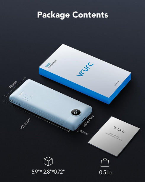 VRURC Portable Charger with Wall Plug, 10000mAh Power Bank, 22.5W Fast Charging, Slim Compact Battery Pack