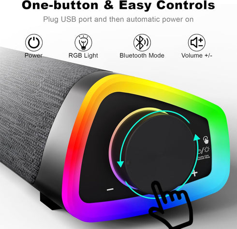 SOULION R30 Plus Bluetooth Computer Speakers for PC, Wired USB Powered Sound Bar with 6 Modes LED Lights