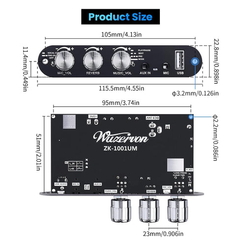 Beffkkip ZK-10001UM 5.3 100W (9-24V Bluetooth Amplifier Board, Mono Class D Power Amp with TWS Pairing, USB/AUX Input