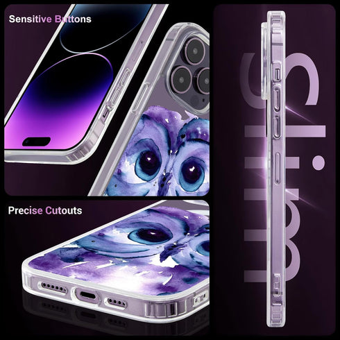 iPhone 13 Clear TPU Case with Purple Owl Pattern, MagSafe Compatible, Magnetic Wireless Charging, 6.1 inch.