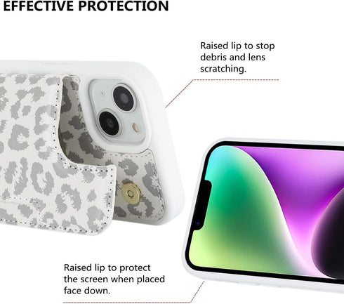 iCoverCase iPhone 13 Phone Case with Card Holder, RFID Blocking PU Leather Protective Case for iPhone 13, Gray Leopard