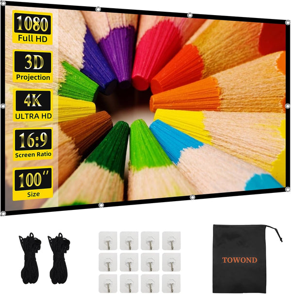 TOWOND Projector Screen 100 inch Projection Screen Indoor Outdoor Washable Anti-Crease 16:9 HD