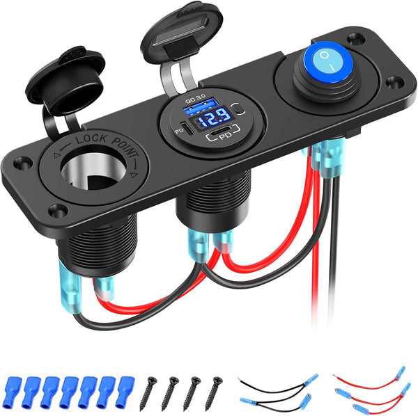 Qidoe 12V USB Panel Cigarette Lighter Socket with Rocker Switch, 58W Multiport USB Outlet for Car Marine RV Truck