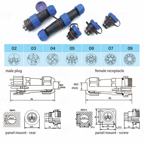 TY28 6 Pin 25A Aviation Waterproof Connector - Male Female 12ga Wire Plug Socket Screw-Crimp Solder-Free