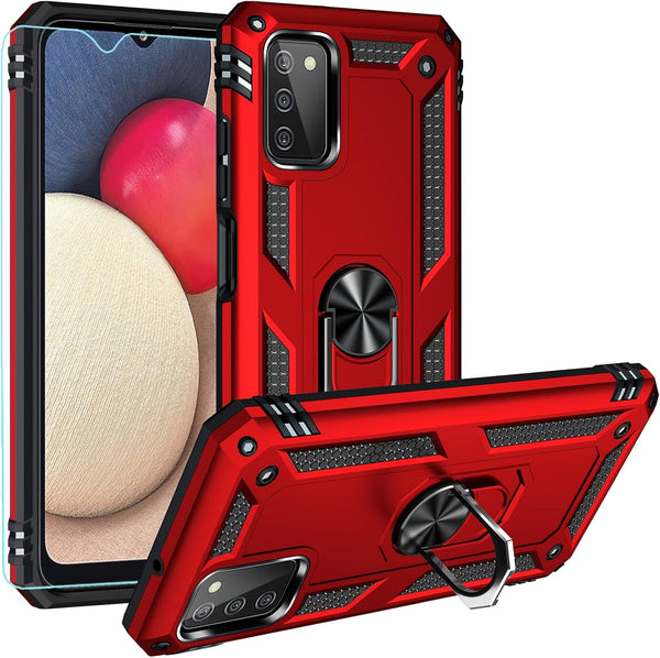 Samsung Galaxy A03S Case, Red - Military Grade 16ft Drop Tested, HD Screen Protector, Magnetic Ring Holder, Kickstand.