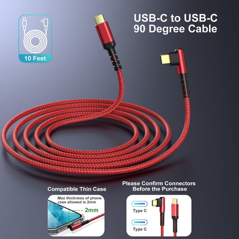 OKRAY USB C Cable 2-Pack, 10ft iPhone 15 Charger Cord, USB-C to C 90 Degree Right Angle, 60W Fast Charging (Red)